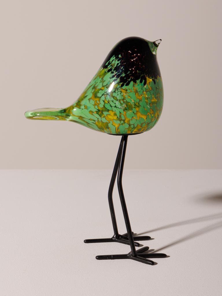 Oiseau sur pied en verre moucheté noir et vert
