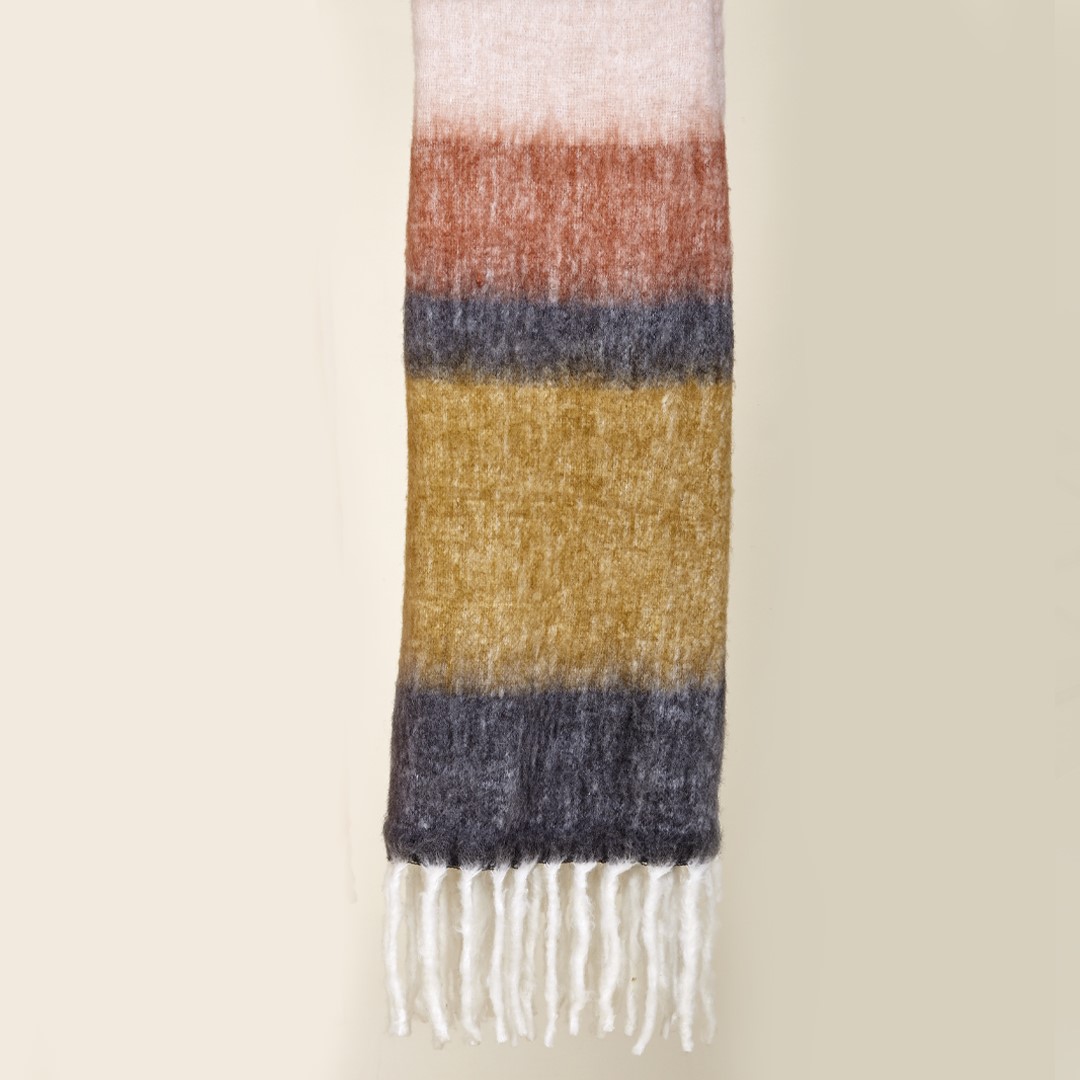 Plaid rayé moutarde, bleu, rose et terre cuite