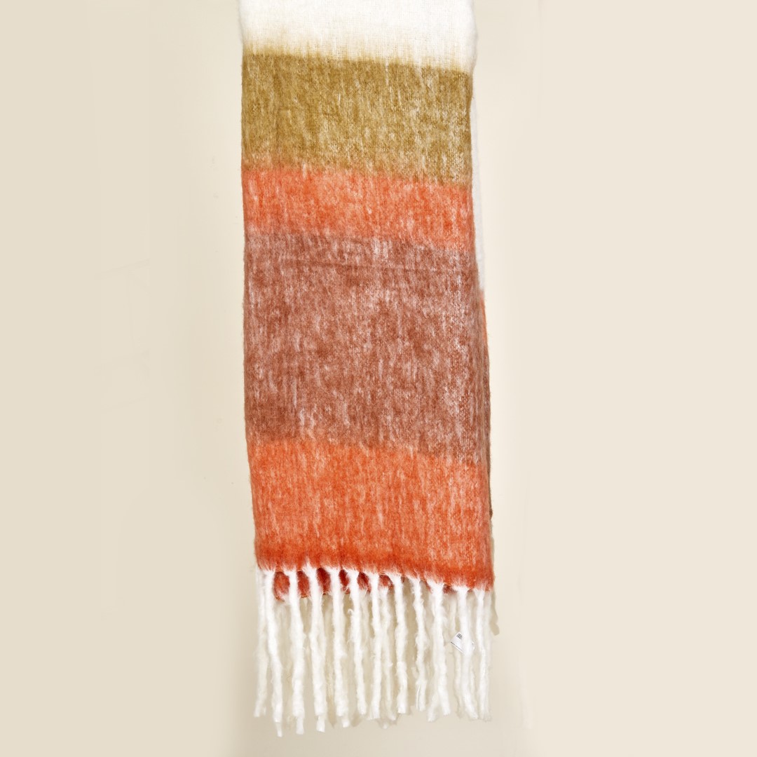 Plaid rayure moutarde, terre cuite, orange et blanc